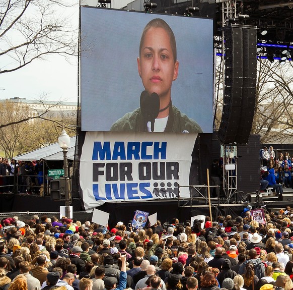 FILE - In this March 24, 2018, file photo, Cuban-American and Parkland activist Emma Gonzalez, a survivor of the mass shooting at Marjory Stoneman Douglas High School in Parkland, Fla., addresses the  ...