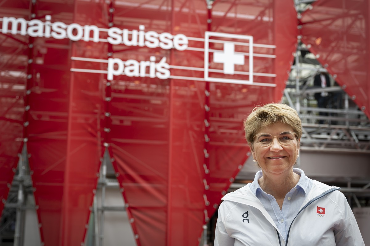 Swiss President and Federal Councillor Viola Amherd poses after a press conference at the maison suisse paris prior to the opening ceremony of the 2024 Paris Summer Olympics in Paris, France, Friday,  ...