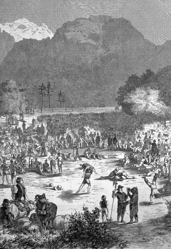 A Schwingerfest at Interlaken, Switzerland, Schwingen also known as Swiss wrestling and Hoselupf, breeches-lifting, is a style of folk wrestling native to Switzerland / Ein Schwingerfest in Interlaken ...