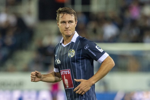 epa10783552 Marco Burch celebrates after scoring the 1-0 goal during the UEFA Europa Conference League qualifying round soccer match between FC Luzern and Djurgardens IF, in Luzern, Switzerland, 03 Au ...