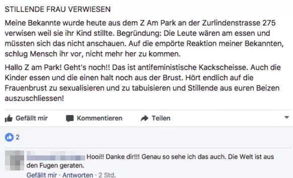 Eine Freundin der stillenden Frau teilte ihren Unmut über die Wegweisung auf der Facebook-Seite von Z am Park.