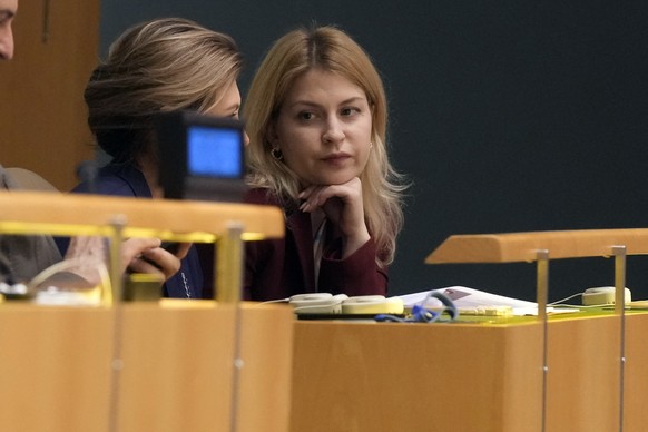 Olena Zelenska, wife of Ukraine President Volodymyr Zelenskyy, attends the 79th session of the United Nations General Assembly, Wednesday, Sept. 25, 2024. (AP Photo/Richard Drew)