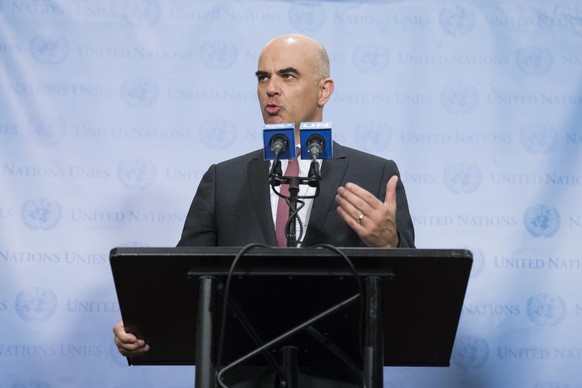 Swiss Federal President Alain Berset speaks to journalists during a press conference, during the 73rd session of the General Assembly of the United Nations at United Nations Headquarters in New York,  ...