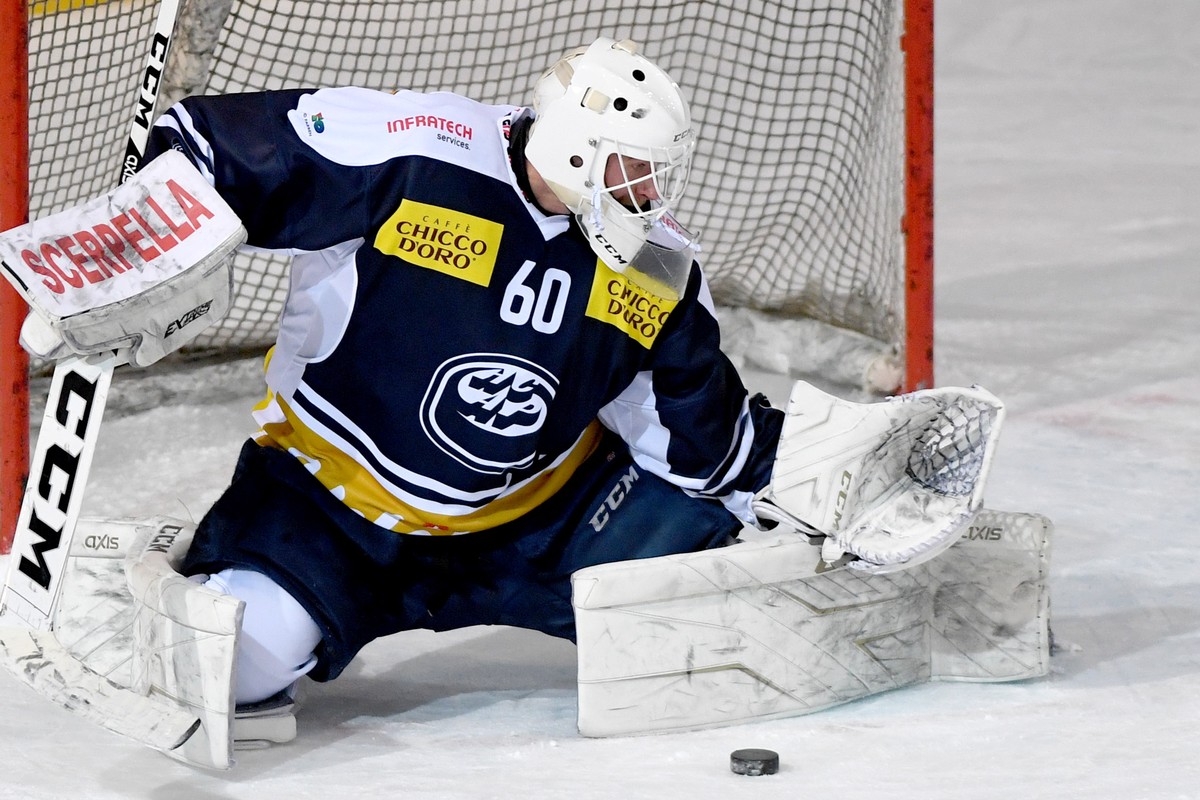 Ambri's goalkeeper Viktor Oestlund during the preliminary round game of National League A (NLA) Swiss Championship 2020/21 between HC Ambri Piotta against SC Rapperwil - Jona Lakers, at the ice s ...