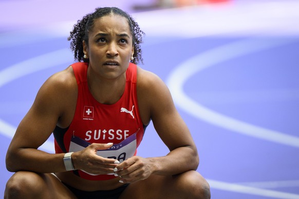Salome Kora of Switzerland reacts after competing the women&#039;s 100m round 1 heat 6 at the 2024 Paris Summer Olympics in Paris, France, Friday, August 2, 2024. (KEYSTONE/Laurent Gillieron)