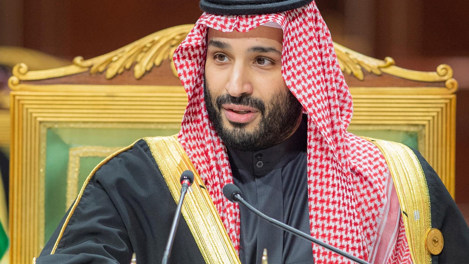 FILE - In this photo released by Saudi Royal Palace, Saudi Crown Prince Mohammed bin Salman, speaks during the Gulf Cooperation Council (GCC) Summit in Riyadh, Saudi Arabia, Dec. 14, 2021. After Presi ...