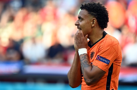 epa09305834 Donyell Malen the Netherlands reacts after missing a chance to score during the UEFA EURO 2020 round of 16 soccer match between the Netherlands and the Czech Republic in Budapest, Hungary, ...