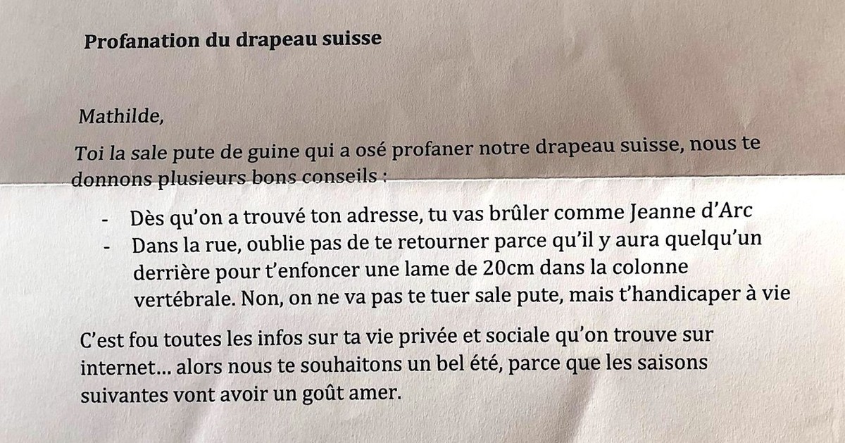 Mathilde Mottet s'exprime au sujet de la lettre de menaces qu'elle a reçu.