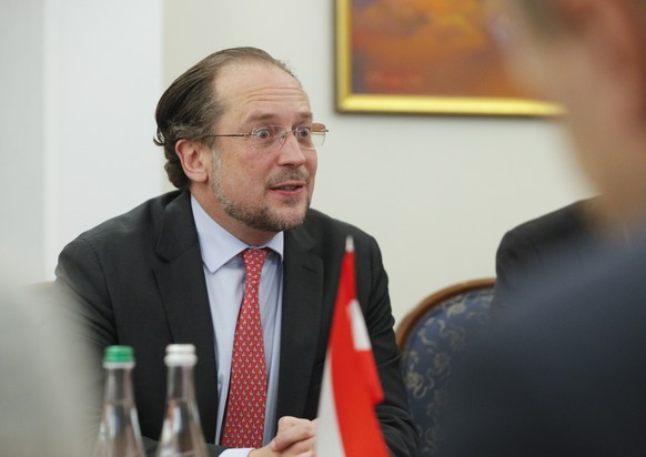 epa07995124 Austrian Foreign Minister Alexander Schallenberg speaks during meeting with his Ukrainian counterpart Vadym Prystaiko (not pictured) in Kiev, Ukraine, 14 November 2019. Alexander Schallenb ...