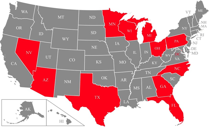 Diese Swing States werden über Sieg und Niederlage entscheiden. Ausser in Texas führt Joe Biden im Moment in allen.