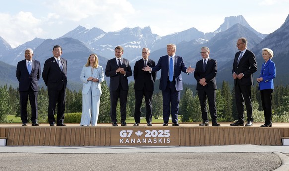 From left, European Council President Antonio Costa; Japanese Prime Minister Shigeru Ishiba; Italian Prime Minister Giorgia Meloni; French President Emmanuel Macron; Canadian Prime Minister Mark Carne ...