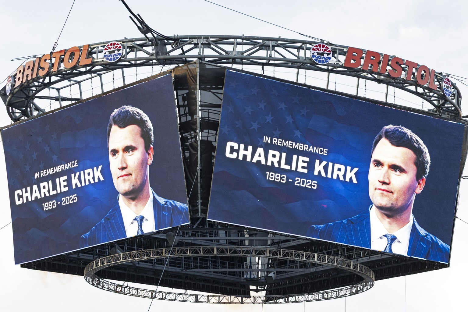 A tribute to Charlie Kirk is shown on the Jumbotron before a NASCAR Cup Series auto race, Saturday, Sept. 13, 2025, in Bristol, Tenn. (AP Photo/Wade Payne)
CHarlie Kirk