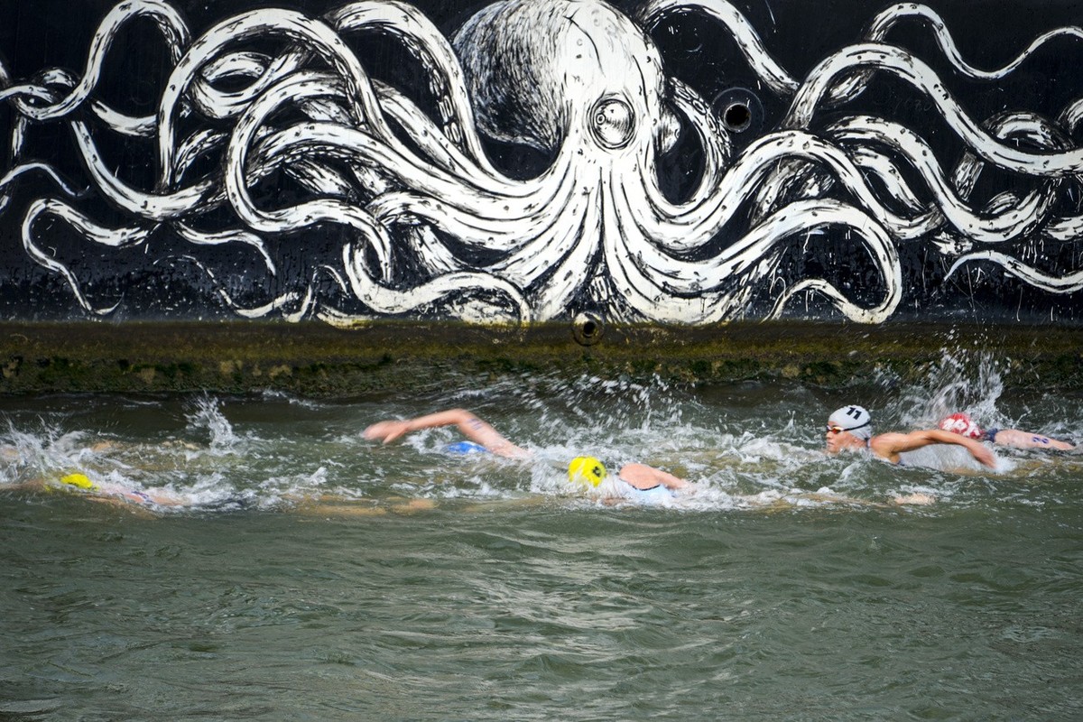 Athletes compete during the swim leg of the women's individual triathlon competition at the 2024 Summer Olympics, Wednesday, July 31, 2024, in Paris, France. (AP Photo/David Goldman)