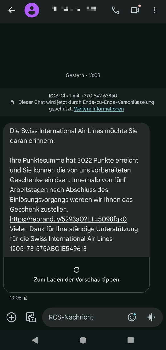Phishing-SMS von der Swiss: Nein, du hast keine Punktesumme.