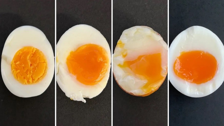 Bild aus der Studie; von links nach rechts: konventionell hartgekochtes Ei, weichgekochtes Ei, Sous-Vide-Ei, periodisch gekochtes Ei.