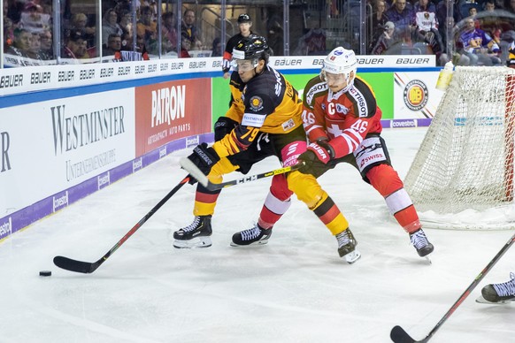 09.11.2019, Nordrhein-Westfalen, Krefeld: Eishockey: Deutschland Cup, Deutschland - Schweiz, 2. Spieltag in der Yayla-Arena. Deutschlands Colin Ugbekile (l) kämpft mit dem Schweizer Noah Rod um den Pu ...