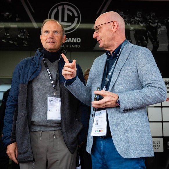 From left, Joe Mansueto and Martin Blaser, during the Super League soccer match FC Lugano against BSC Young Boys at the Cornaredo Stadium in Lugano, Sunday, October 27, 2024. (KEYSTONE/Ti-Press/Samuel ...