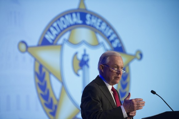 Attorney General Jeff Sessions addresses the National Sheriffs&#039; Association Winter Conference on law enforcement efforts to combat the opioid crisis and violent crime, in Washington, Monday, Feb. ...