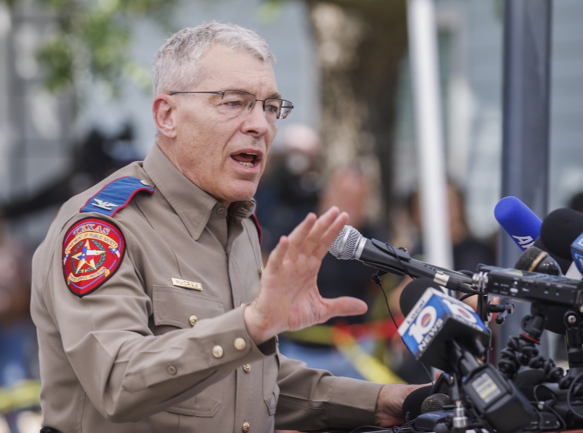 epa09980706 Texas Department of Public Safety Colonel Steven C. McCraw provides an update into the investigation of the a mass shooting at the Robb Elementary School in Uvalde, Texas, USA, 27 May 2022 ...