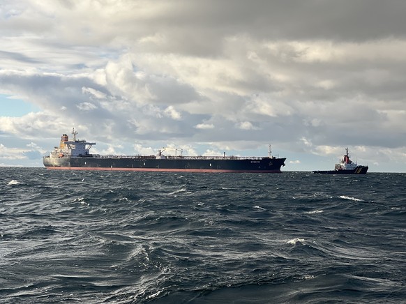 epa11817327 A handout photo made available by the Havariekommando (the German Central Command for Maritime Emergencies, CCME) shows the oil tanker &#039;Eventin&#039; adrift off the coast of Ruegen, G ...