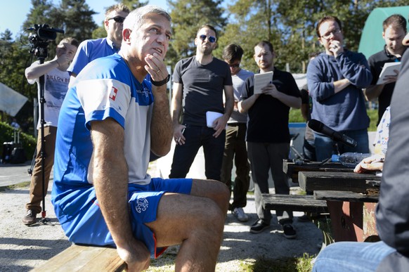 Swiss national soccer team head coach Vladimir Petkovic answers questions from journalists during a training session one day after the UEFA EURO 2016 qualifying soccer match Slovenia against Switzerla ...