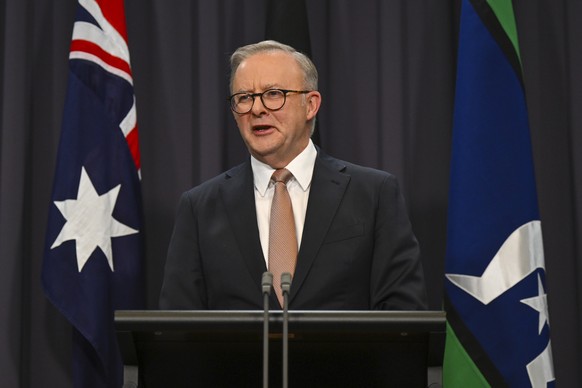 Australian Prime Minister Anthony Albanese addresses the media at Parliament House in Canberra, Monday, June 17, 2024. Chinese Premier Li Qiang, Albanese and senior ministers of both administrations m ...