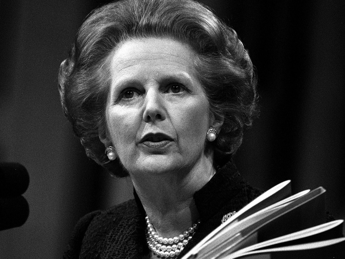Prime Minister Margaret Thatcher addresses the 55th Annual Conservative Women 's Conference at the Barbican Centre in London, May 22, 1985. Her keynote speech was on inflation.(KEYSTONE/EPA/PA/St ...