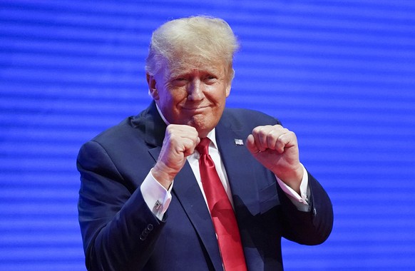 Former President Donald Trump, acknowledges supports after speaking at the Conservative Political Action Conference (CPAC) Saturday, Feb. 26, 2022, in Orlando, Fla. (AP Photo/John Raoux)
Donald Trump