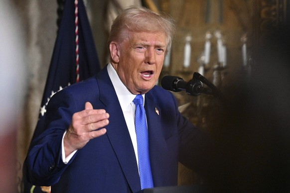 President Donald Trump speaks at Mar-a-Lago in Palm Beach, Fla., Tuesday, Feb. 18, 2025. (Pool via AP)