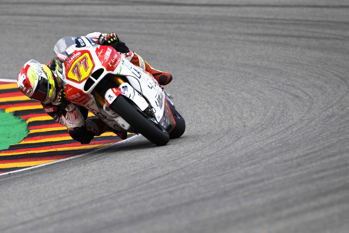Switzerland's Dominique Aegerter steers his motorcycle during the Moto2 race at German Motorcycle Grand Prix at the Sachsenring circuit in in Hohenstein-Ernstthal, Sunday, July 7, 2019. (AP Photo ...