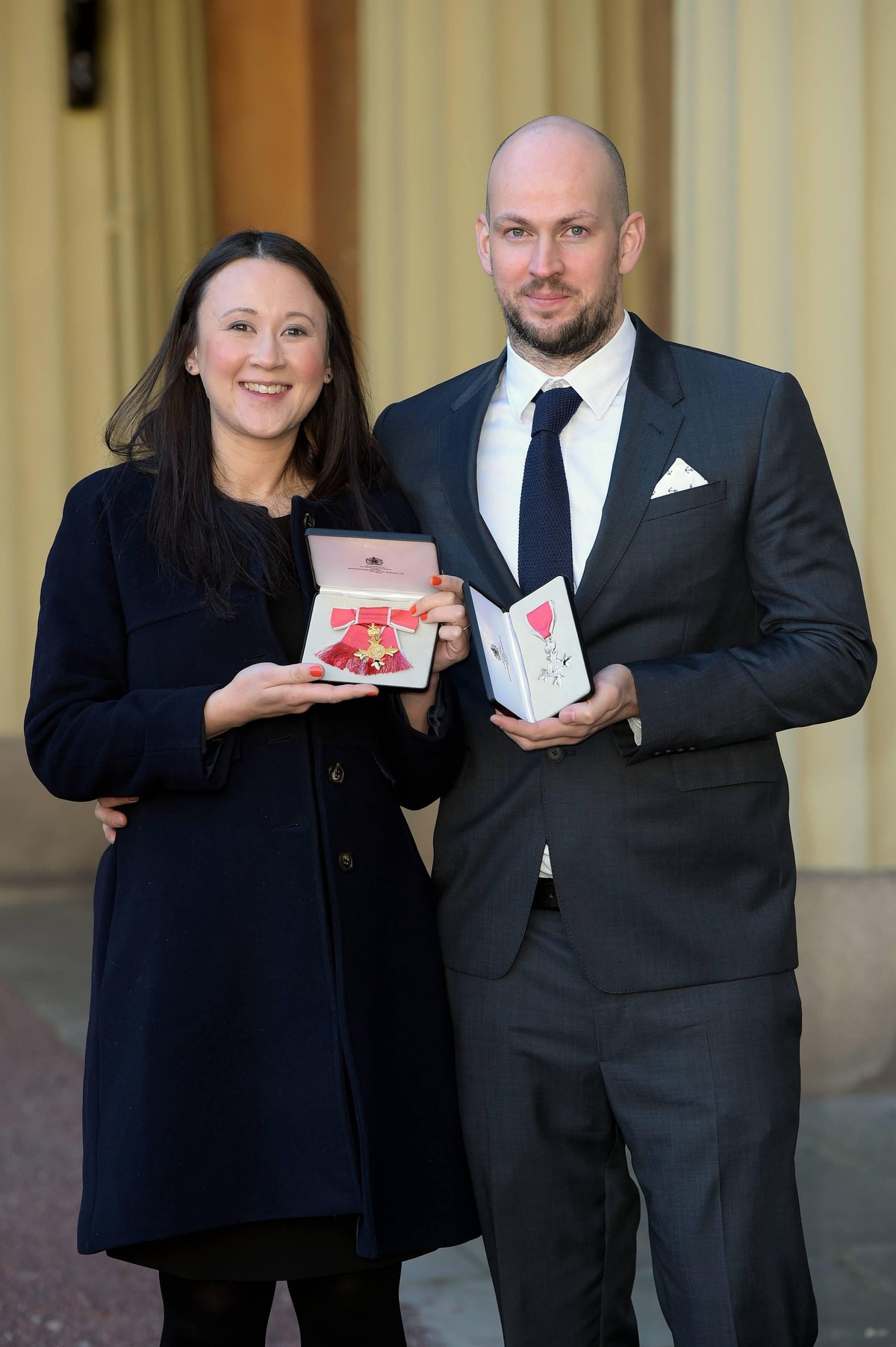 29/11/2016. London, United Kingdom. investiture at Buckingham Palace. Buckingham Palace. James Watt, Co-Founder, BrewDog receives an MBE for services to the Brewing Industry, with his wife Johanna Bas ...