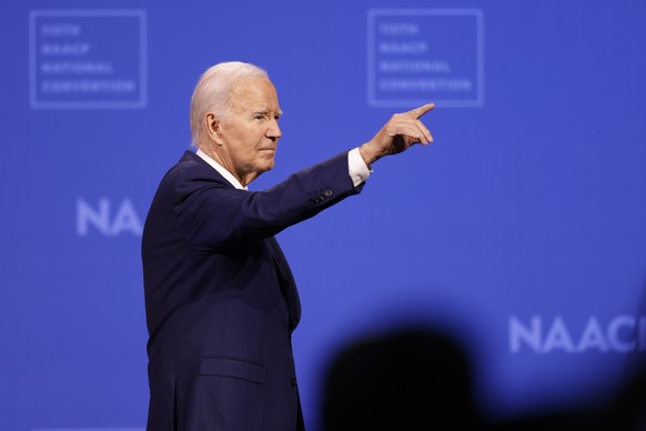 epa11482363 US President Joe Biden departs after speaking during the 115th NAACP National Convention in Las Vegas, Nevada, USA, 16 July 2024. Biden is scheduled to make several appearances at various  ...