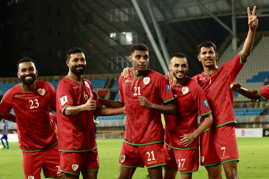 epa11393411 Abdul Rahman Al Mushaifri (C) of Oman celebrates a goal with teammates during the FIFA World Cup 2026 Qualifying match between Taiwan and Oman at Taipei Municipal Stadium in Taipei, Taiwan ...
