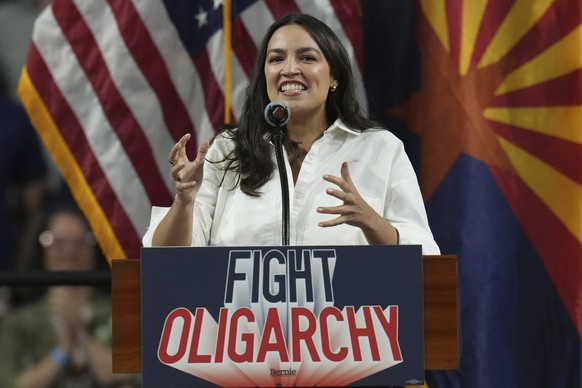 Rep. Alexandria Ocasio-Cortez, D-N.Y., speaks during a &quot;Fighting Oligarchy&quot; tour event at Arizona State University, Thursday, March 20, 2025, in Tempe, Ariz. (AP Photo/Ross D. Franklin)
AOC  ...