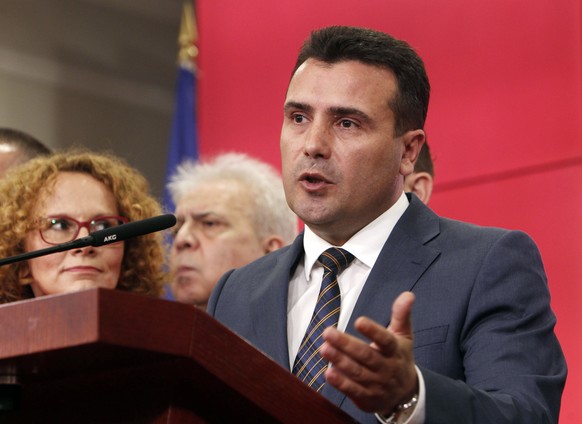 Macedonian Prime Minister Zoran Zeav addresses the media during a news conference in the Government building in Skopje, Macedonia, Tuesday, June 12, 2018. The prime ministers of Greece and Macedonia s ...