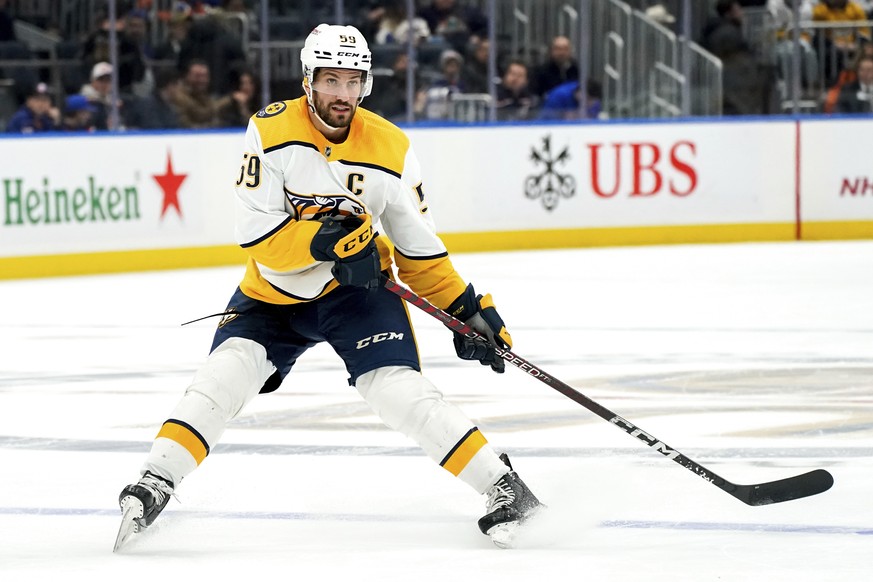 Nashville Predators defenseman Roman Josi skates during the first period of an NHL hockey game against the New York Islanders, Friday, Dec. 2, 2022, in Elmont, N.Y. (AP Photo/Julia Nikhinson)