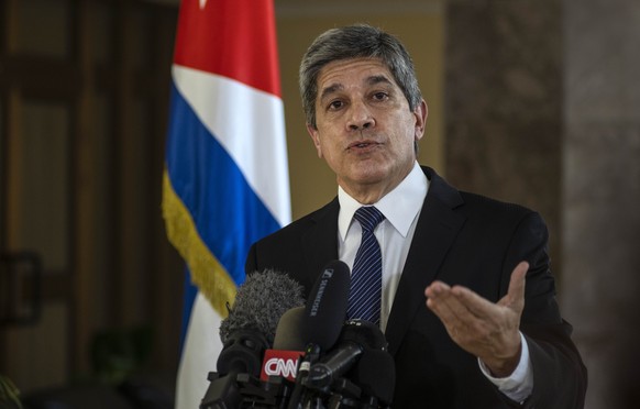 Cuba&#039;s Director General of U.S. Affairs Carlos Fernandez de Cossio speaks at a press conference in Havana, Cuba, Tuesday, Jan. 12, 2021. The Trump administration has re-designated Cuba as a &quot ...