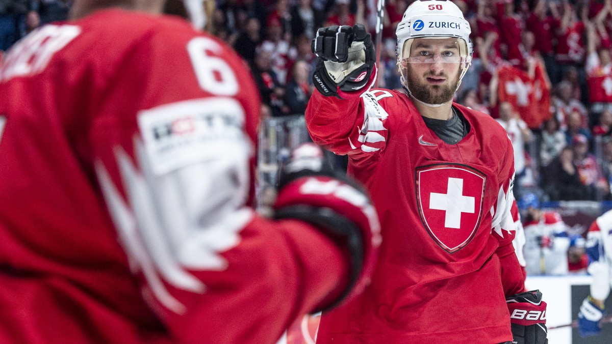 Switzerland's Tristan Scherwey celebrate after scoring during the game between Czech Republic and Switzerland, at the IIHF 2019 World Ice Hockey Championships, at the Ondrej Nepela Arena in Brati ...