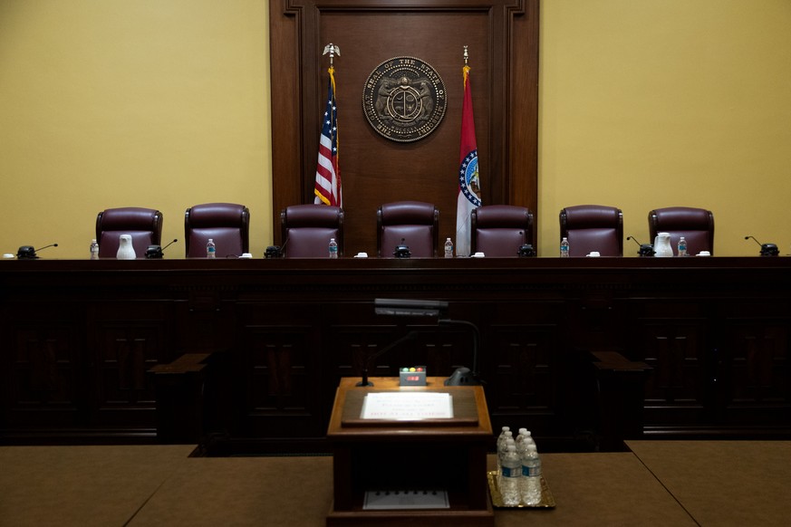 A view of a courtroom at the Missouri Supreme Court in Jefferson City, Mo., Thursday, Sept. 10, 2026. (Liz Rymarev/St. Louis Post-Dispatch via AP, Pool)
Election 2026 Redistricting Missouri