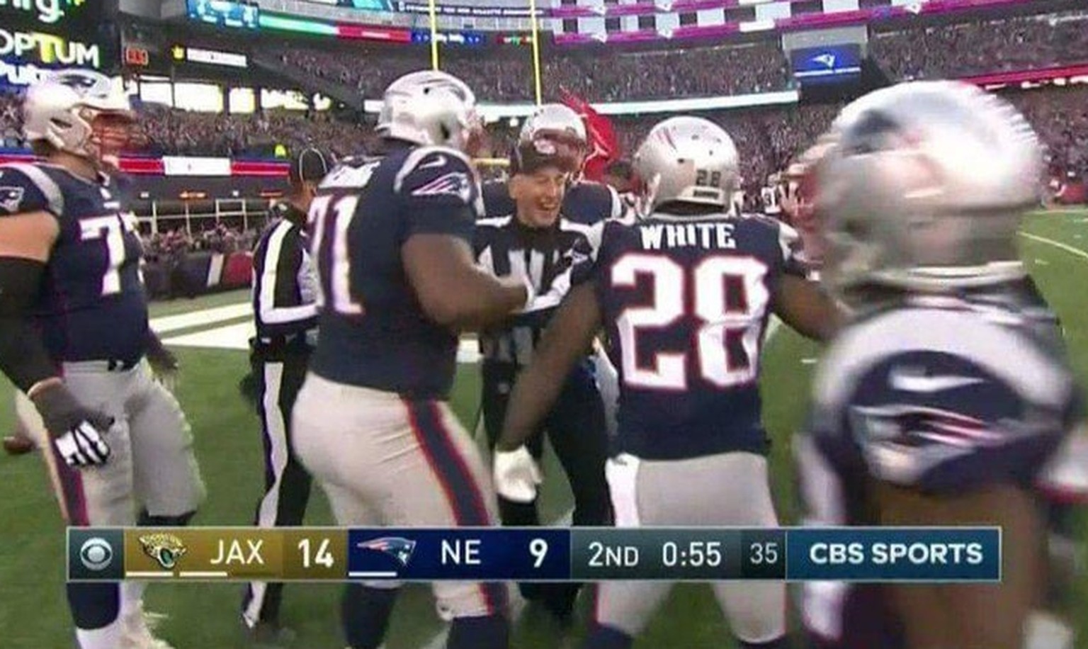 Hat sich der Referee hier tatsächlich über einen Touchdown der Patriots gefreut?