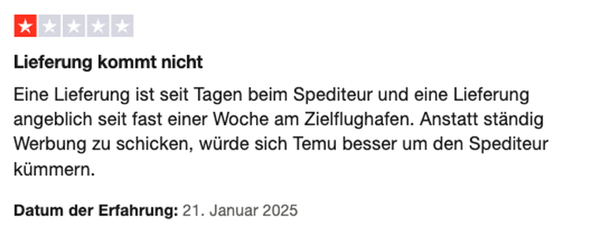Temu-Bewertung auf Trustpilot