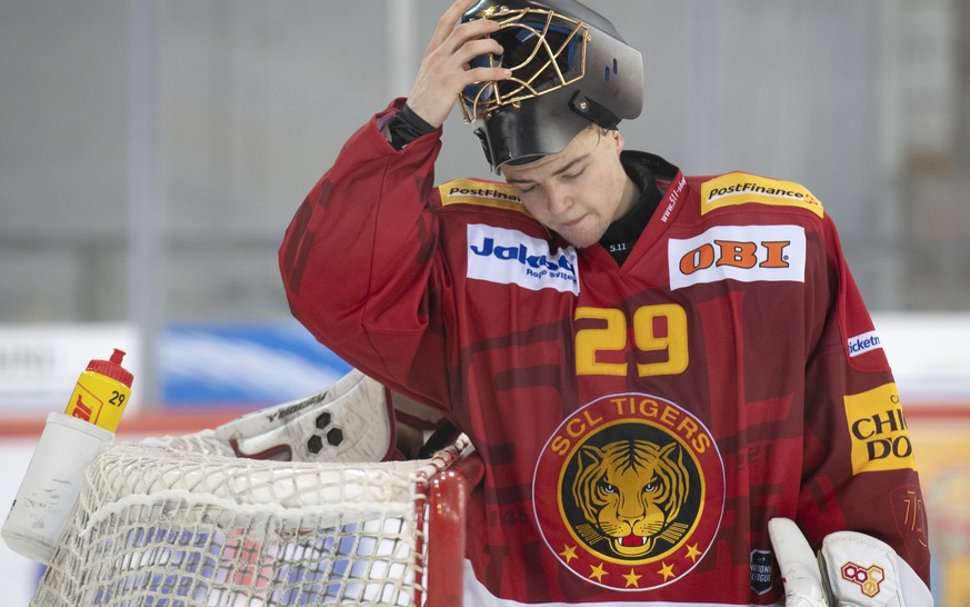 Tigers Goalie Damian Stettler, waehrend dem Meisterschaftsspiel der National League zwischen den SCL Tigers und dem HC Lugano, am Sonntag, 14. Februar 2021, im Ilfisstadion in Langnau. (KEYSTONE/Marce ...