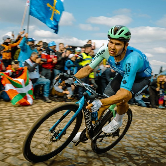 Cycling - 122th Paris-Roubaix Stefan Bissegger SUI/Decathlon AG2R La Mondiale Team conquering the iconic cobblestones of Sector 4, Carrefour de l Arbre on his way to 7th place finish 122th Paris-Rouba ...