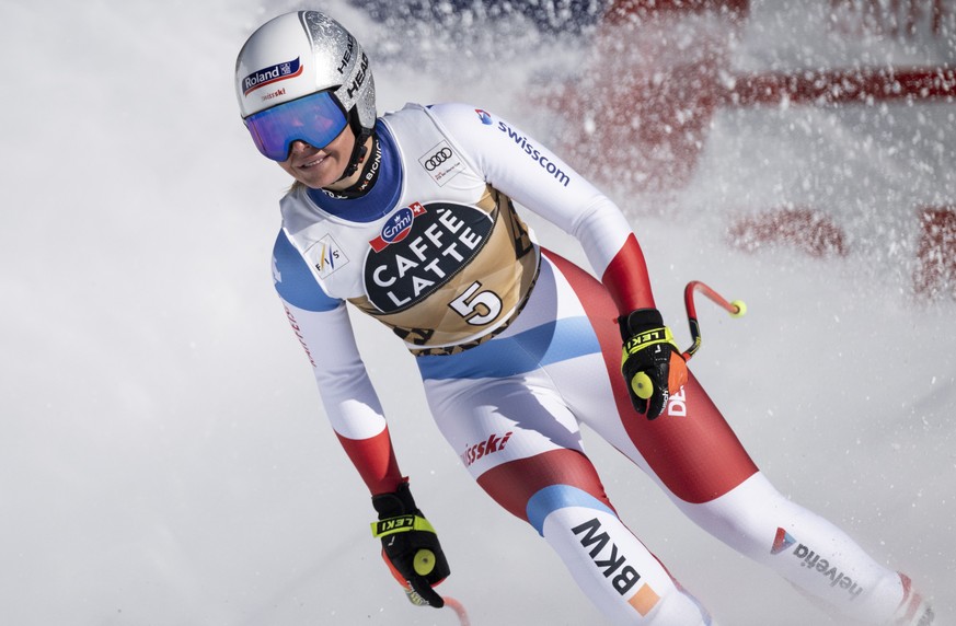 epa09786044 Corinne Suter of Switzerland reacts in the finish area of the women&#039;s Downhill race at the FIS Alpine Ski World Cup in Crans-Montana, Switzerland, 26 February 2022. EPA/ALESSANDRO DEL ...