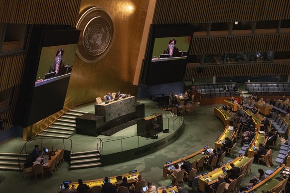 epa09910212 The United Nations General Assembly vote on a resolution that would require the five permanent members of the Security Council, the United States, China, Russia, France and the United King ...