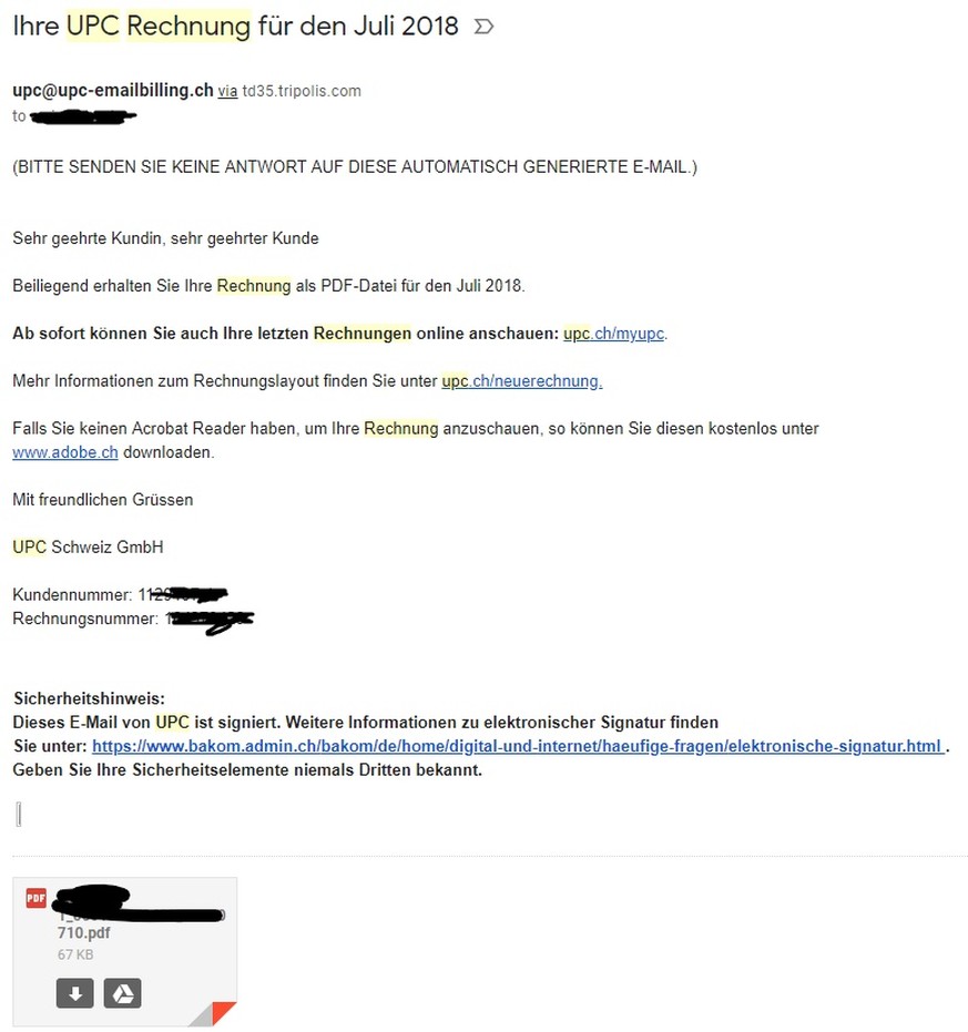 UPC schreibt ihre Kunden in Rechnungs-Mails nicht mit Namen an. Die Mail wirkt wie eine dubiose Phishing- oder Malware-Mail. (Du kannst das Bild antippen, um es zu vergrössern.)&nbsp;