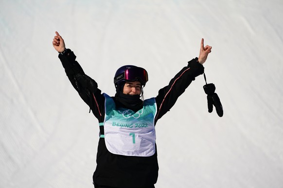 Bronze medalist Mathilde Gremaud of Switzerland reacts during a venue ceremony for the women&#039;s freestyle skiing big air finals of the 2022 Winter Olympics, Tuesday, Feb. 8, 2022, in Beijing. (AP  ...