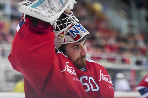 Torhueter Melvin Nyffeler von Rapperswil im vierten Eishockey Spiel der Ligaqualifikation der National League zwischen den SC Rapperswil-Jona Lakers und dem EHC Kloten am Donnerstag, 19. April 2018, i ...