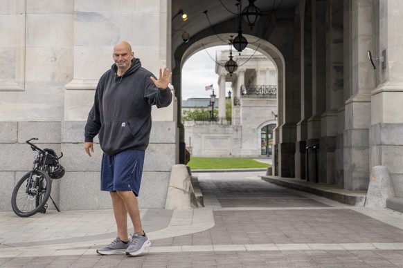 FILE - Sen. John Fetterman, D-Pa., waves to members of the media, Monday, April 17, 2023, on Capitol Hill in Washington. (AP Photo/Jacquelyn Martin, File)
John Fetterman