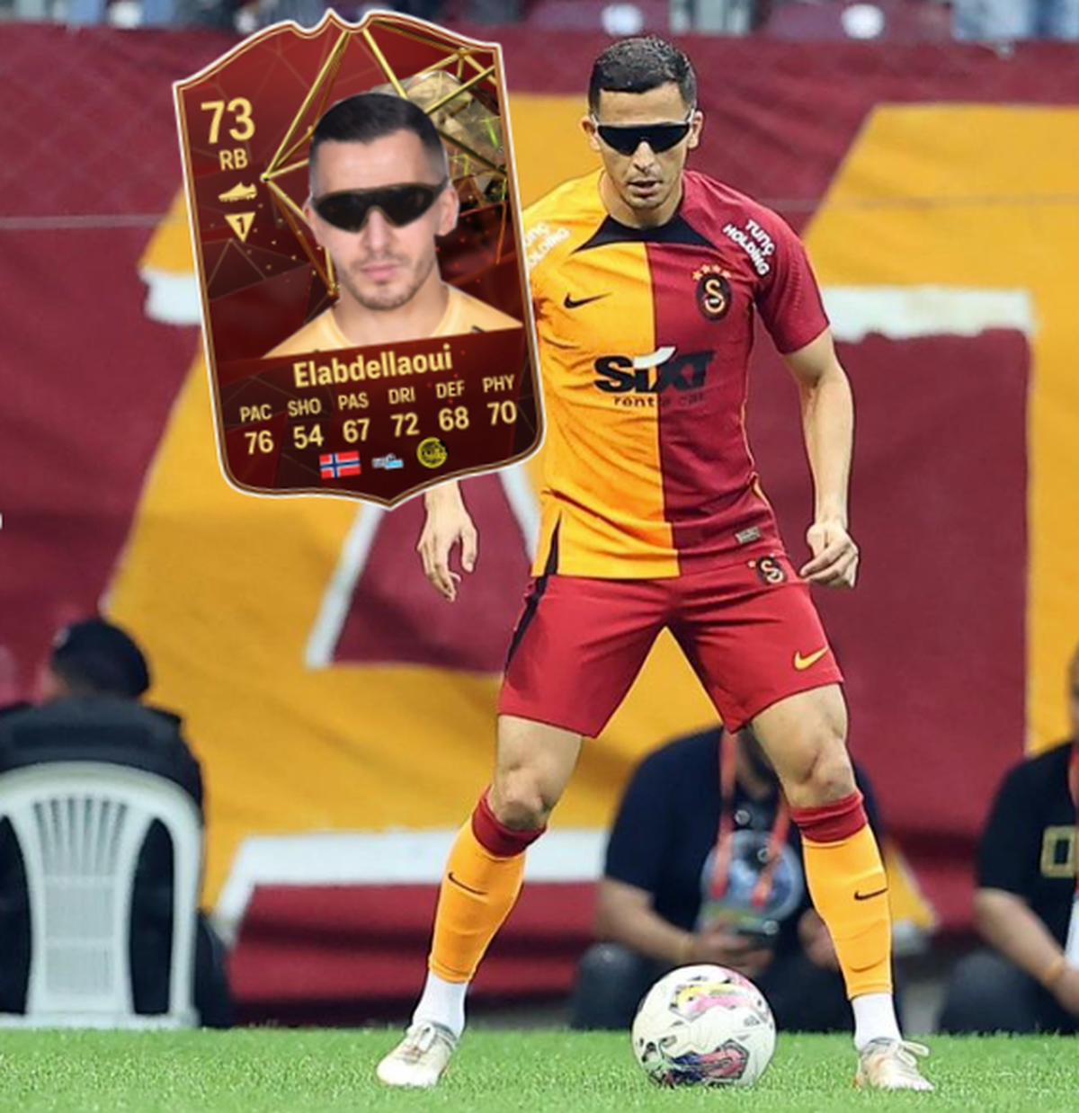 Omar Elabdellaoui avec le maillot de Galatasaray et ses fameuses lunettes. En haut à gauche, sa nouvelle vignette dans le jeu vidéo EA Sports FC 24.
